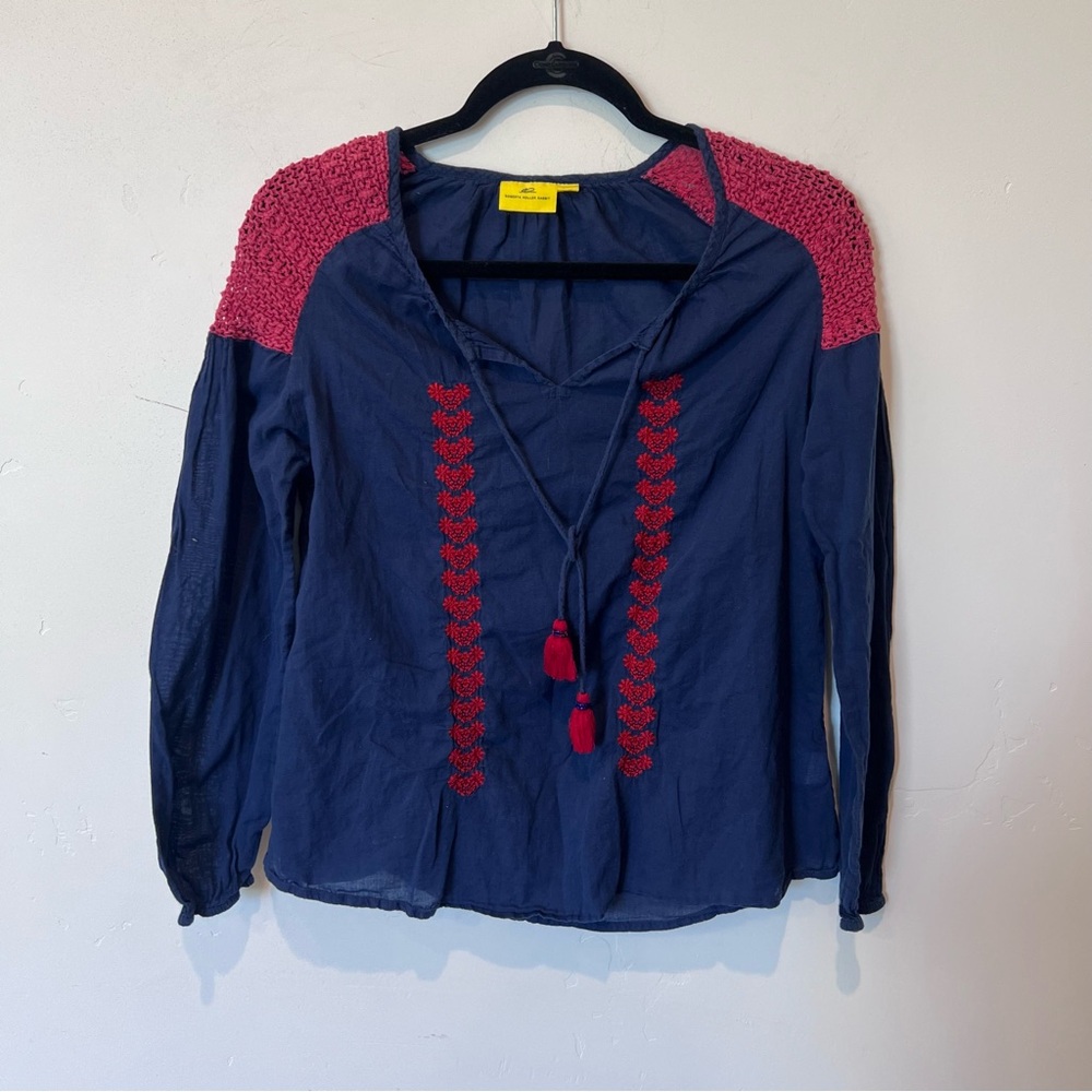 Roberta Roller Rabbit Blue and Red Embroidered 100% Cotton Blouse Size XS Boho
